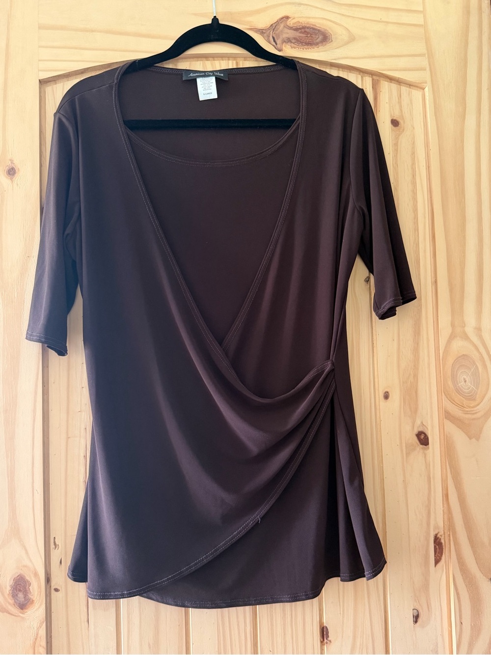 American City Wear Brown Faux-Wrap Short Sleeve Blouse